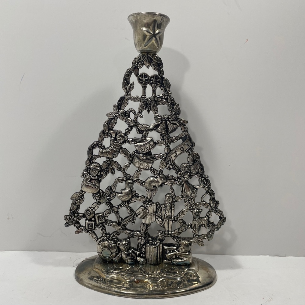 Silver Plated Christmas Tree Shaped Candle Holder Decorated Holiday Evergreen